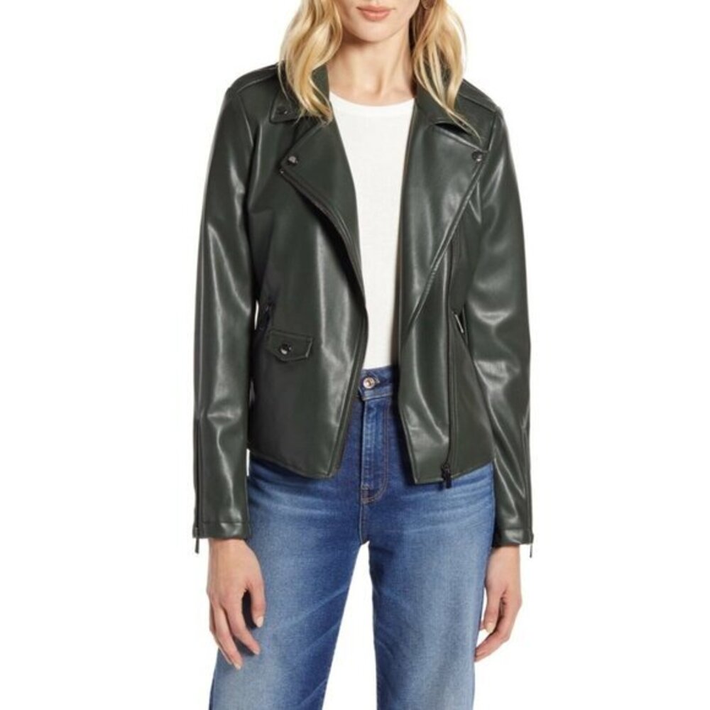 Halogen Jacket Dark Green Faux Leather Motorcycle Biker Moto Jacket SZ M NWT